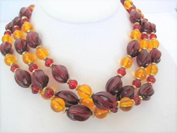 Red Yellow Bead Necklace - 3 Strand Plastic - Vintage Lucite Beads