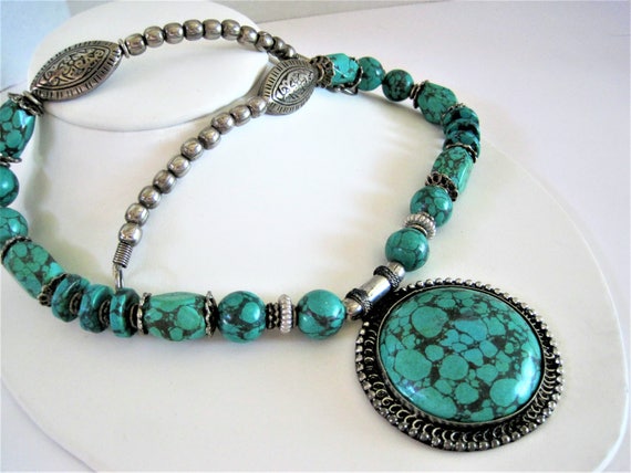 Howlite Silver Necklace - Southwestern Boho - Vintage Squash Blossom Style - Turquoise Color Medallion -
