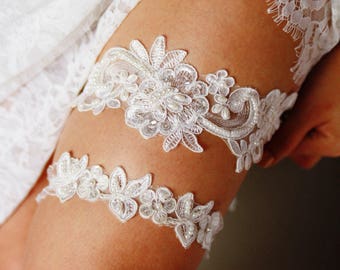 Bridal Garter Wedding Garter Set - Keepsake Garter Toss Garter Included - Ivory Garter Beaded Flower Lace Garter Garters - Vintage Inspired
