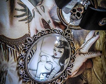Mexican Sugar Skulls calavera boho♰Pin Up♰ gypsy cameo silver black leather necklace
