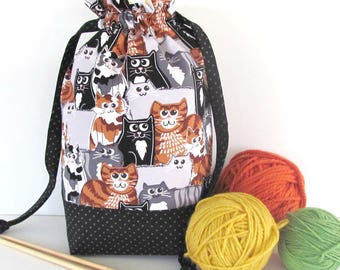 Knitting Bag Medium Drawstring Bag, Project bag for crochet, Knitting Tote Bag - Bag of Cats
