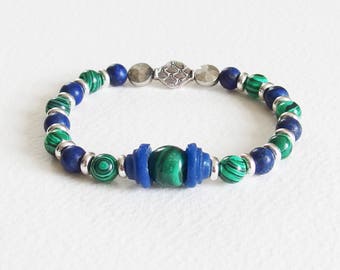 Bracelet Homme Ethnique Pierres de Gemme et Métal Argenté - Perles Malachite et Lapis Lazuli - Bijou créateur en pièce unique