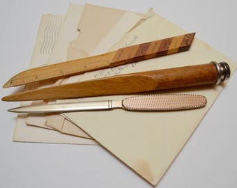 vintage office supplies: letter openers, set of three, wooden letter opener, silver metal letter opener