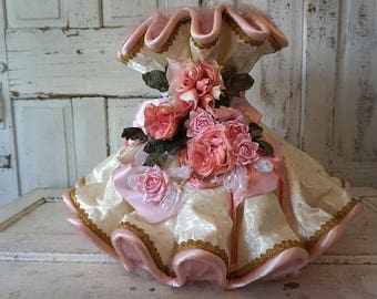 Victorian lampshade shabby cottage chic cream fabric pink roses lg bell shaped lamp shade ornate embellished lighting anita spero design