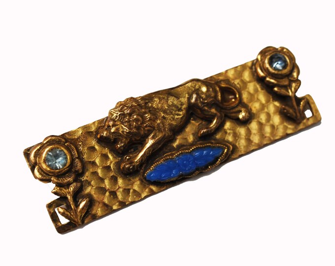 Gold Lion Bar Brooch - Blue rhinestone - Flower art glass - C clasp - Vintage Artisan pin - Art Nouveau
