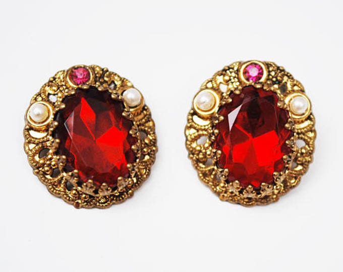 Red Crystal Earrings - West Germany - Clip on earring - red rhinestone - white pearl