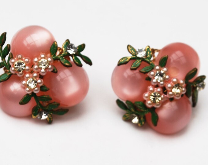 Pink flower earrings - moonglow Lucite - Clear rhinestone -White Pearl- Green Enamel - Clip on earrings