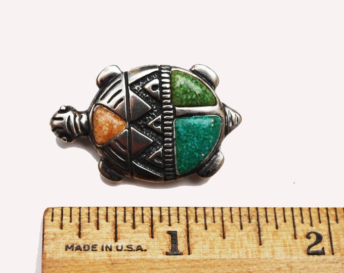 Sterling Turtle Brooch Pendant -Gemstone Figurine pin - green blue turquoise orange stone chip - signed Sterl - Southwestern