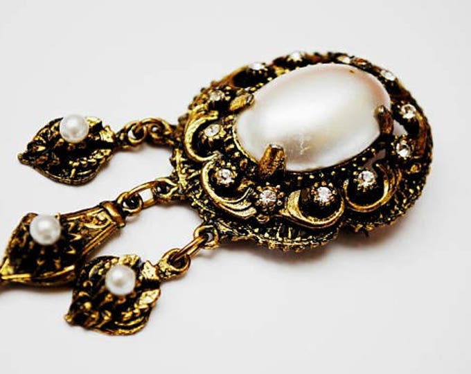 White Pearl Brooch Pendant- Clear rhinestone - Gold ornate scallop - Victorian Revival - Dangle pin