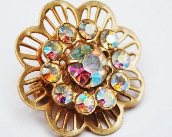 Rhinestone Flower Brooch - Aurora Borealis - Gold tone metal - Mid century Pin