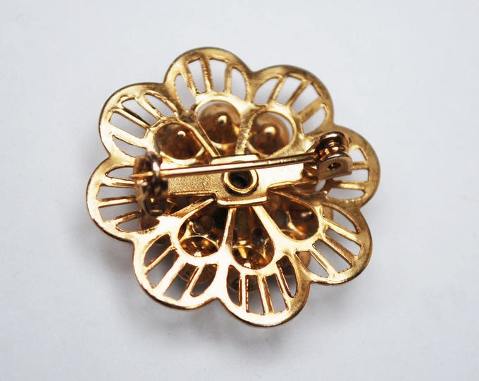 Rhinestone Flower Brooch - Aurora Borealis - Gold tone metal - Mid century Pin