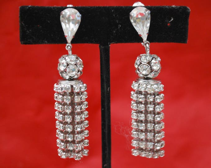 Rhinestone Earrings - Dangle Crystal Ball - Tassel - Chandelier Clip on earrings