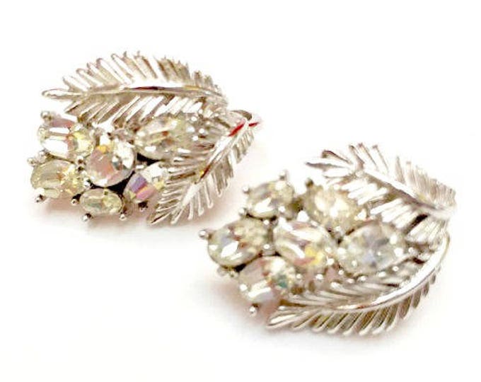 Crown Trifari Rhinestone Clip on Earrings - Clear Crystal - Silver leaf - Mid Century - Trifari Jewelry