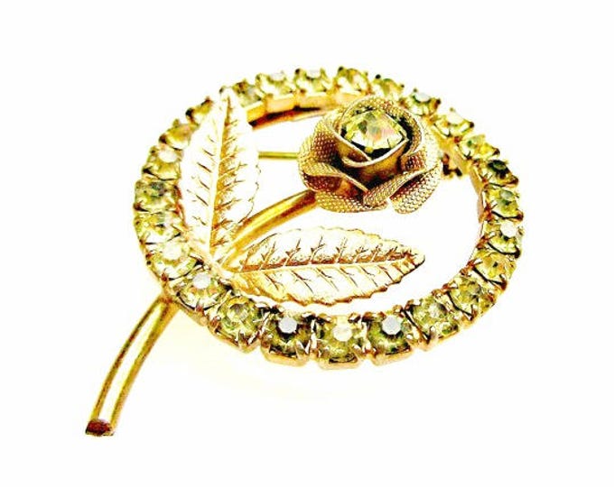 flower Rose Brooch - Yellow Rhinestone gold - mid century - Circle pin