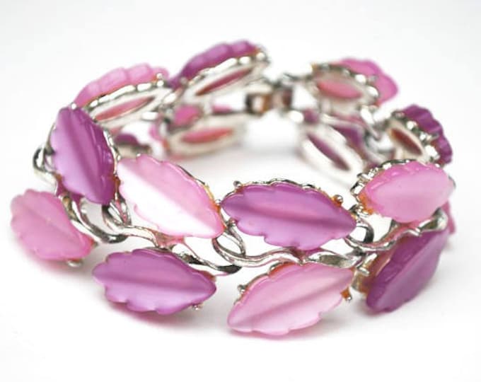 Purple Pink Thermoset leaf Link Bracelet - Vintage Moonglow Lucite Plastic - Silver tone - Mid Century - Gift for her