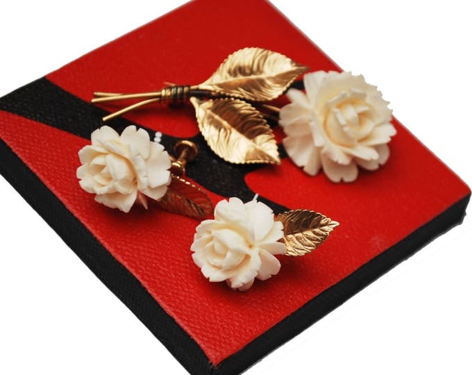 White Celluloid flower Brooch and earring set - Signed Van Dell - 12 kt gold filled -rose floral