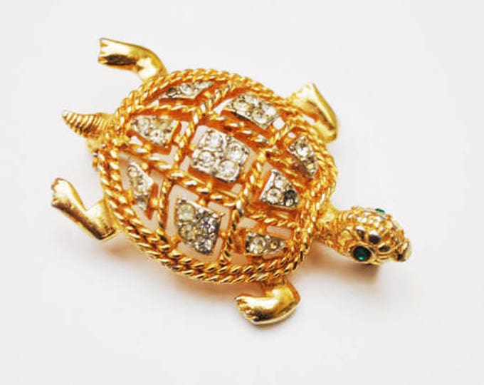 Turtle Brooch - Signed KJL - Rhinestone - Gold - Kennith Jay Lane - figurine pin