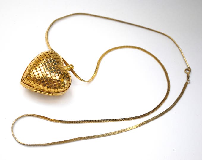 Gold Mesh Heart Locket necklace - Puffy Heart Pendant - 30 inch Gold flat chain -