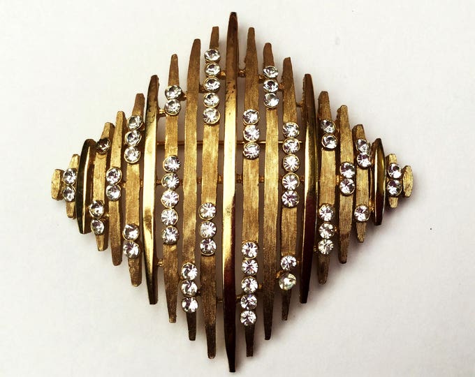 Crown Trifari Rhinestone brooch - Large Diamond Square -Gold metal - Mid century - Atomic Pin