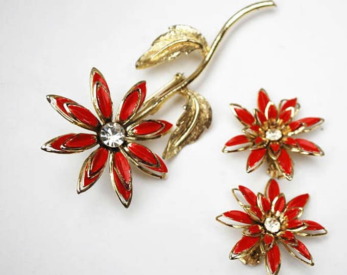 Enamel Flower Brooch earring set - orange red gold metal - Clear Rhinestone - Mid Century