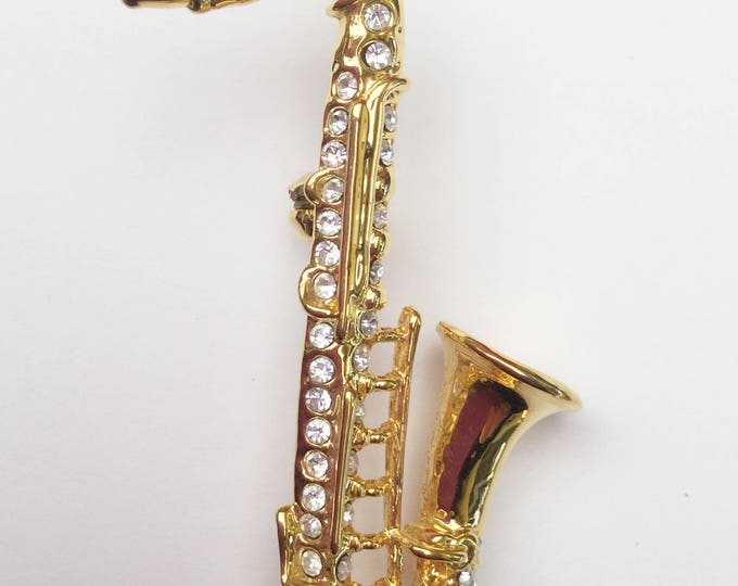 Saxophone Brooch - gold - rhinestone- music instrament - figurine pin