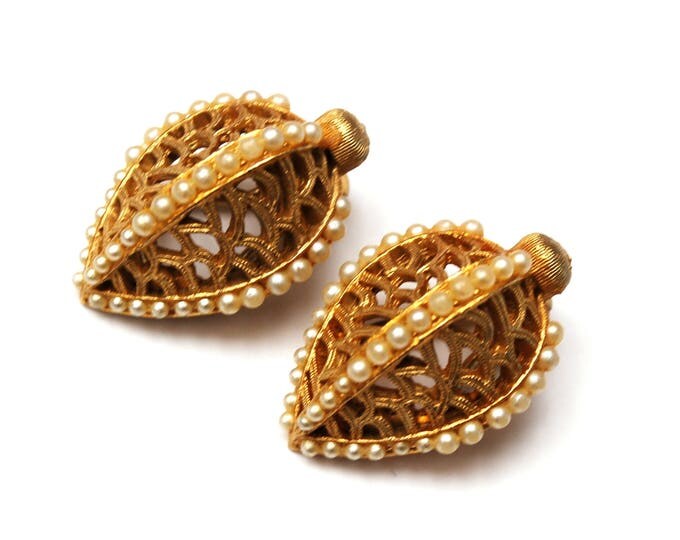 Pearl leaf Earring - signed BSK - Gold filigree - white seed pearls - Clip on earrings
