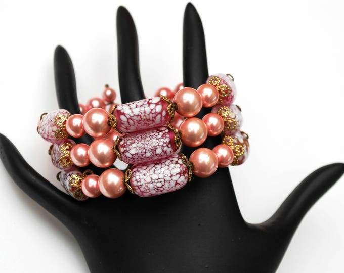 Pink Bead Cuff Bracelet - melatic pink - artglass beads - wire - bangle