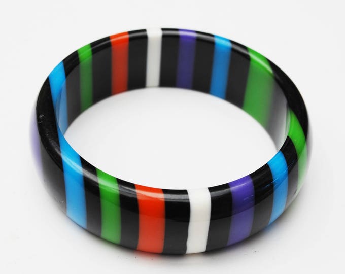 stripped Lucite bangle - Purple Black orange green blue stripes - vintage plastic bracelet