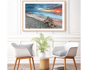 Seascape Photography Driftwood Beach Decor Ocean Photo Oversized Art Print Sunset Beach Little Compton Rhode Island Rocks Blue Orange Yellow