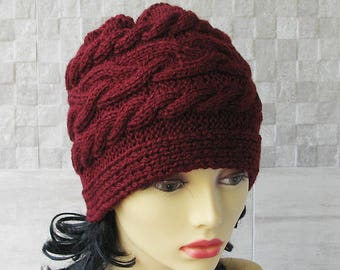 Parisian style, Winter Hat Kniited Beanie Hat, Knit Hat for Women Knit Hats Women, Burgundy