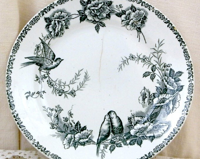 Antique French Ironware Plate With Bird / Bluetit and Rose Flower Transfer Pattern in Teal Blue, St Amand Faience, Pottery from France Antique French Ironware Plate With Bird / Bluetit and Rose Flower Transfer Pattern in Teal Blue, St Amand Faience, Pottery from France