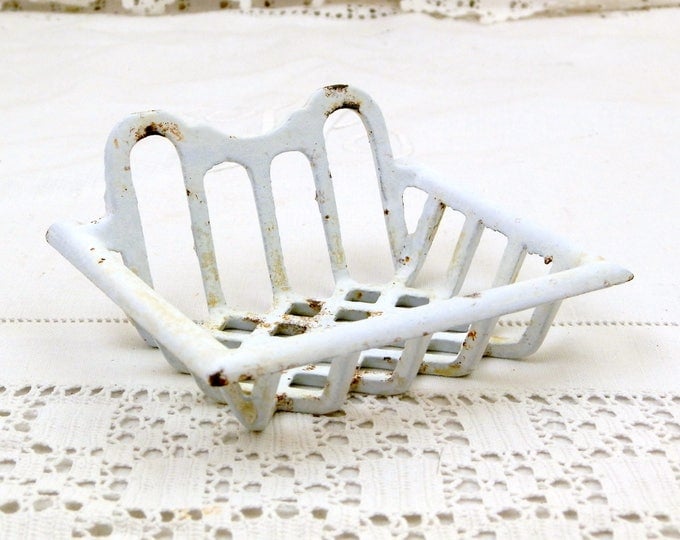 Small Antique Cast Iron Enameled White Wall Hanging Soap Holder, French Chippy Enamel Mural Soap Bar Dish, Retro Enamelware Bathroom