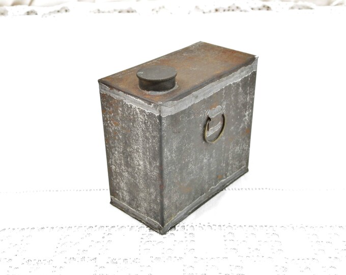 Antique Square Metal Bottle With Screw Lid, Rectangular Tin Container for Liquids, French Brocante Home Decor, Industrial Curios from France