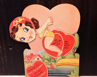 Large Vintage Die Cut Valentine’s Day Card, Little Girl Swimming Diving, Bikini, Mechanical Valentine, circa 1930s, CREASED