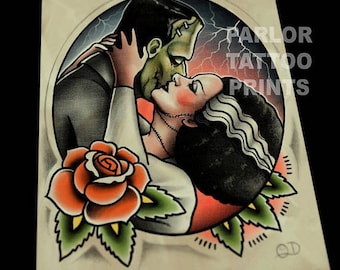 Frankenstein and Bride Kiss Tattoo Flash Art Print
