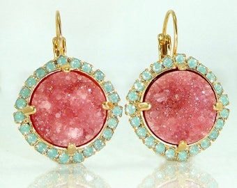 SUMMER SALE- Statement Drop Earrings, Druzy Earrings, Mom, Gemstones Gold Earrings, Dangle Earrings, Pink Druzy Earrings, Druzy Jewelry By I