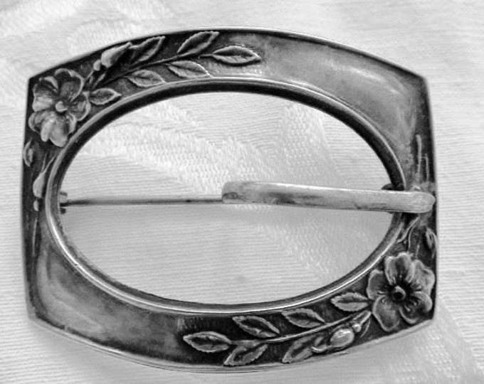 Sterling Buckle Brooch, Art Nouveau Leaves and Vines, Vintage Sterling Silver Buckle Pin