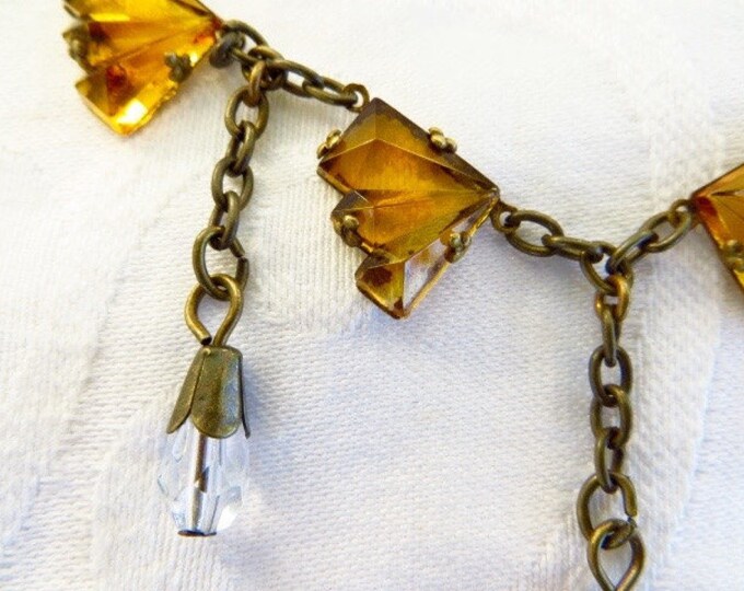 Art Deco Czech Necklace, Amber Vauxhall Glass, Faceted Fans, Clear Crystal Drops, Czech Glass