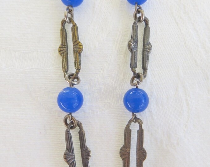 Czech Glass Necklace, Periwinkle Beads, Filigree Enamel Pendant, Paperclip Chain, Vintage Czech Jewelry