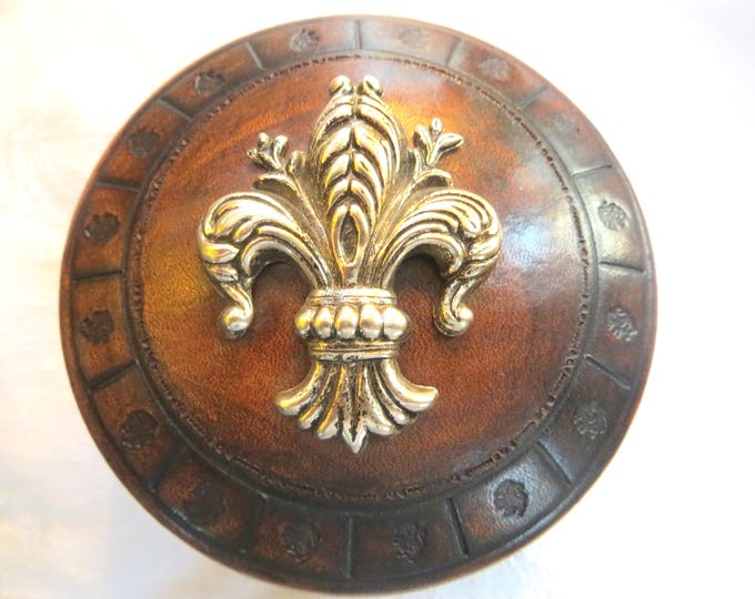 Vintage Fleur De Lis Trinket Box, Leather Vanity Box Gold Fleur De Lis Lid Jewelry Keepsake Box , Vintage Vanity