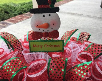 Cemetery Flowers~Christmas Deco Mesh Saddle~Snowman~Headstone Flowers~Tombstone Saddle~Graveside Flowers~In Loving Memory