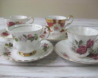 Bone China Tea Cups, Instant Collection, set of 4 Assorted Vintage English China Tea Cups and Saucers