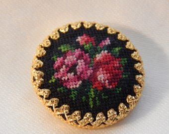 Rose Petit Point Fabric Button in a Brass Cup Marked Austria