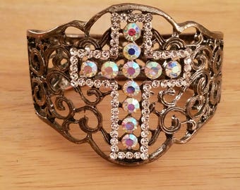 Gorgeous Vintage Brass Color Metal Intricate Filigree Victorian Style Aurora Borealis Rhinestones Cross Clamper Bracelet