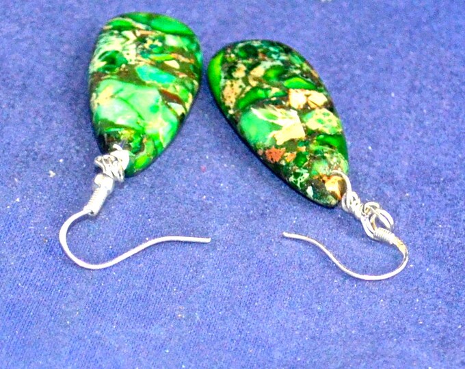 Green Sea Sediment Jasper Earrings, 35x15mm teardrop, Natural, Silver Ear Wires E1120