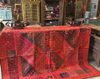 Antique Hand Crafted Banjara RUG Red Mirror Artisan Crafted Wall Tapestry Embroidered Wall Hanging Throw FREE SHIP Early Black Friday