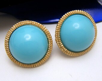 Crown Trifari Earrings Turquoise Lucite Gold Tone Button Clips 1960s Vintage