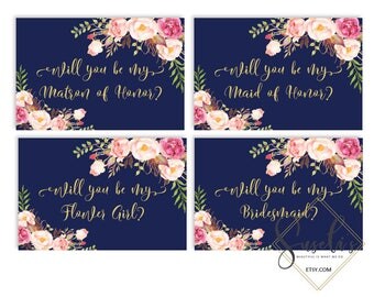 Will You Be My Bridesmaid Printable set, Navy Blue Gold Text DIY Wedding cards, Bridal Proposal, Watercolor flowers Boho, DIGITAL FILES WS23