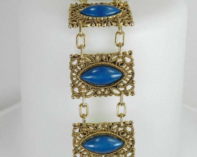 Vintage TOFFANO filigree panel bracelet necklace set, Faux Blue Lapis Cabochons Antique Gold Tone, Costume Jewelry Set, Art Nouveau Style