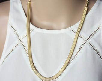 Gold Tone Chain Neckace Two Chain Necklace Cobra Chain Link Necklace Gold Flat Chain Statement Necklace Anniversary Fashion Gold Necklace